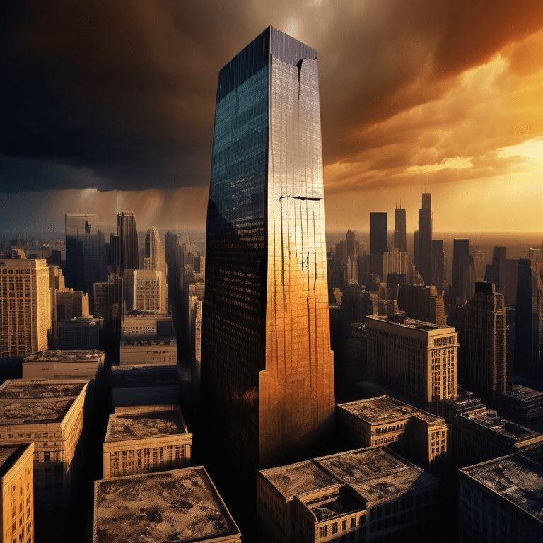 Skyscraper tipping over a fractured ground with falling market graphs, investors in panic, and a stormy sky above. commercial real estate crash