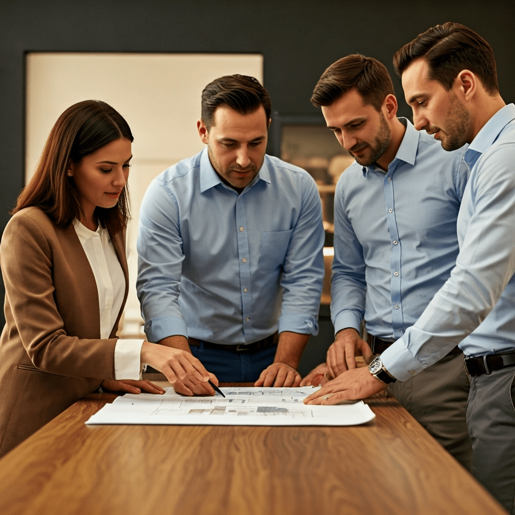 Realtors discussing house plans