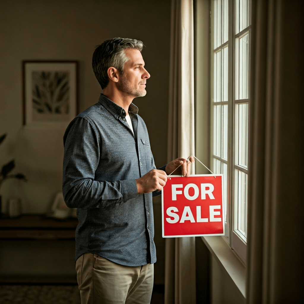 Homeowner holding for-sale sign