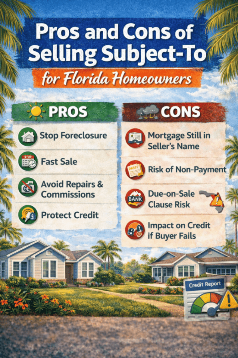 Infographic showing strategies to protect credit when selling a home subject-to in Florida including escrow and payment monitoring.